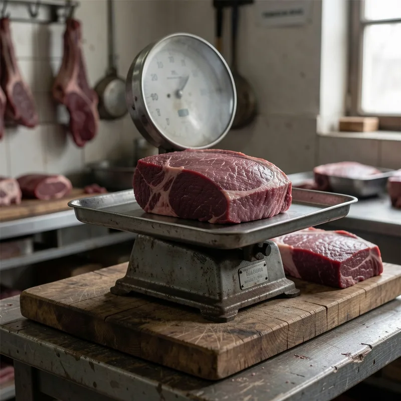 Balance de boucherie mecanique posee sur un billot avec plusieurs pieces de viande crues