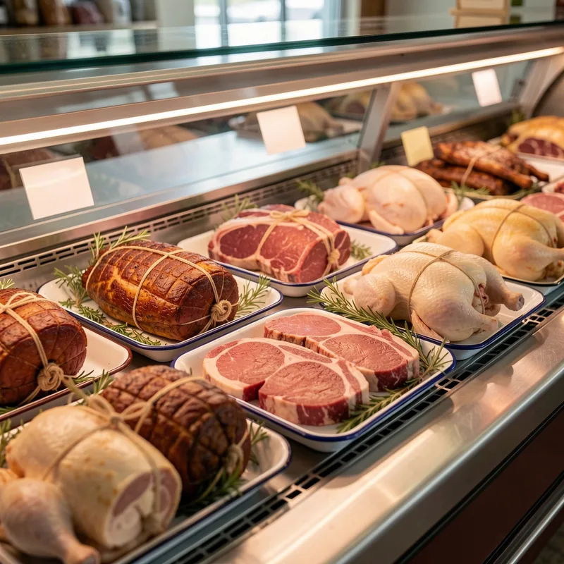 Vitrine refrigeree de boucherie presentant rotis ficeles, steaks et volailles preparees