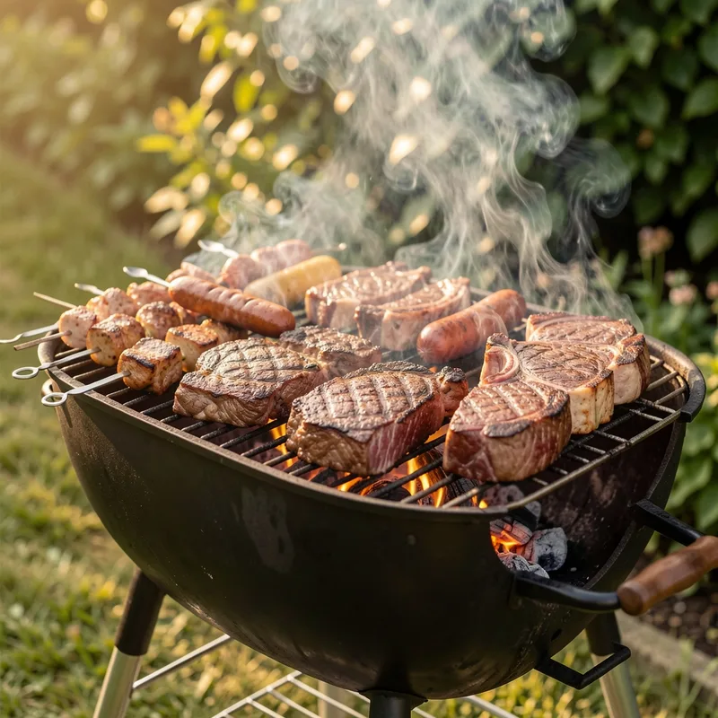 Grillades variees en cuisson sur un barbecue exterieur, braises visibles sous la grille