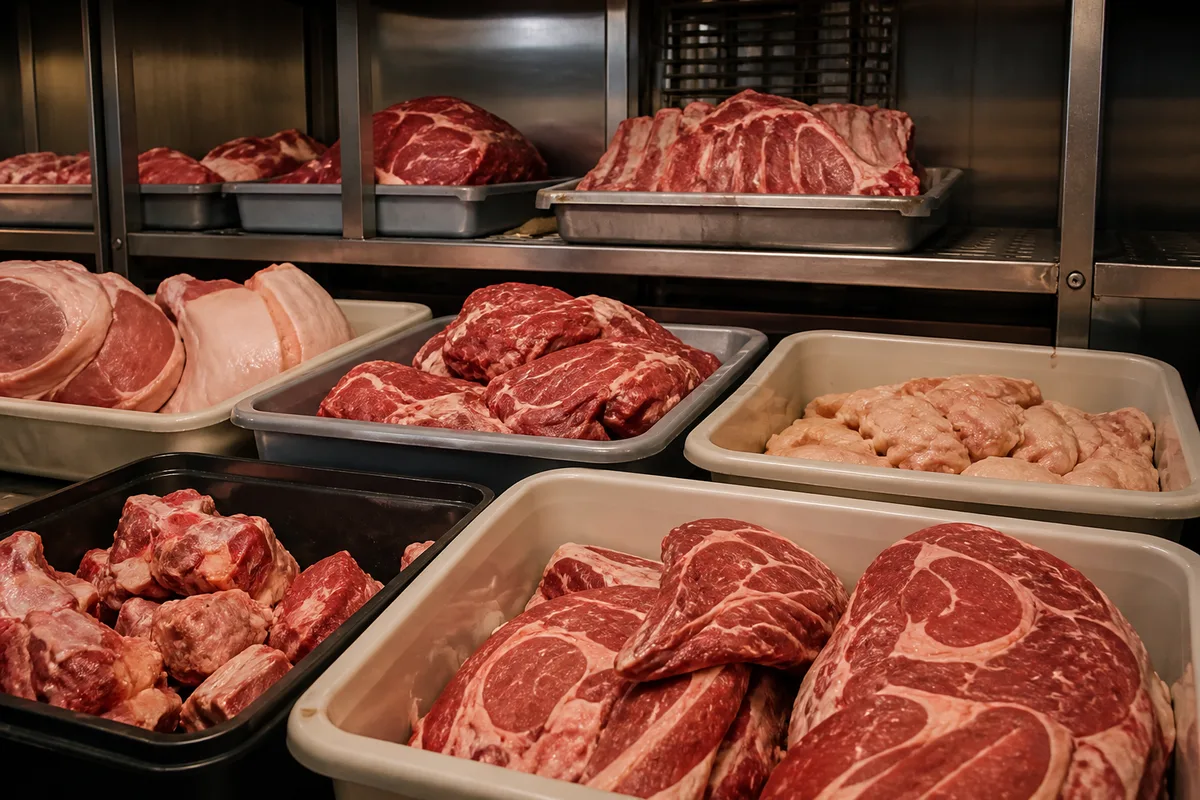 Pieces de viande separees par des bacs identifies dans une chambre froide