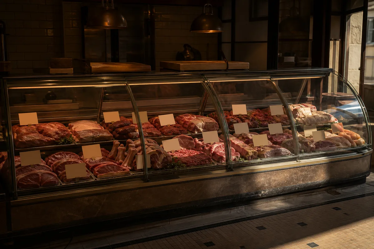 Vitrine de boucherie avec etiquettes d&rsquo;origine posees devant les pieces