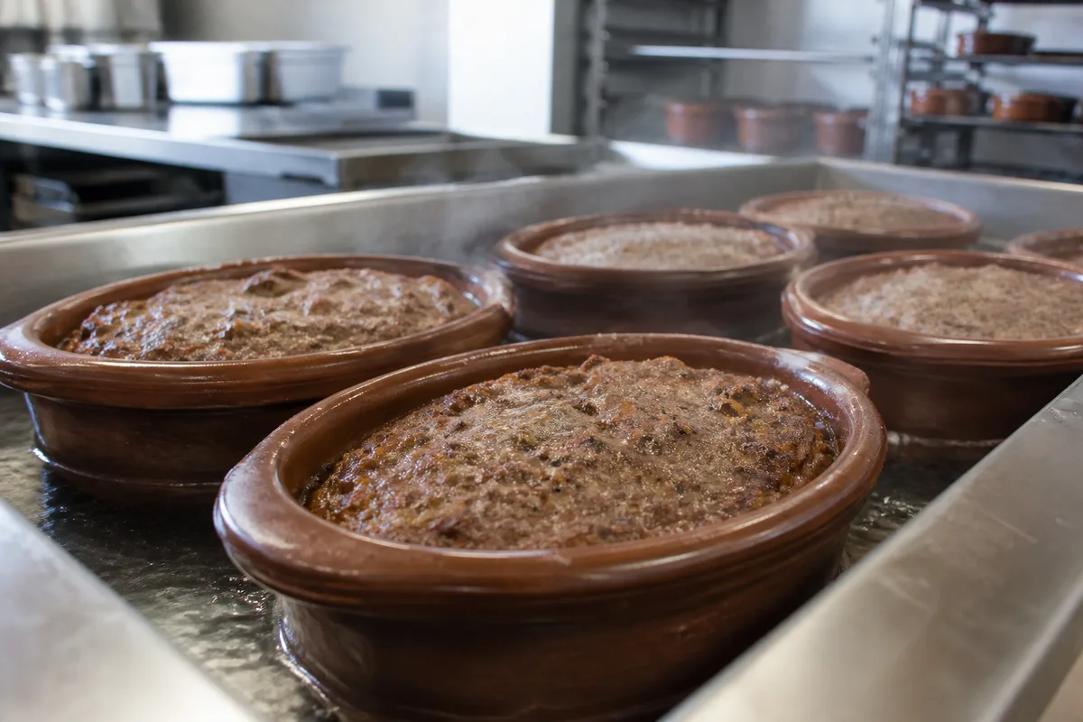 Terrines de pate de campagne en cours de cuisson au bain-marie dans un laboratoire