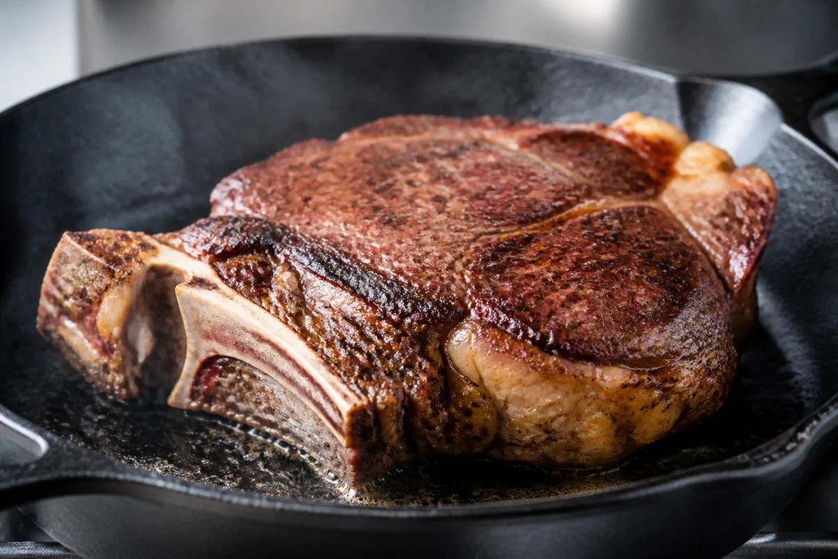 Cote de boeuf epaisse saisie dans une poele en fonte, croute brune en formation
