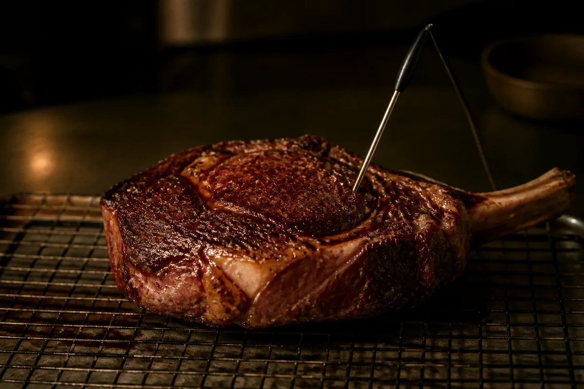 Sonde thermometre plantee dans une cote de boeuf au repos sur une grille