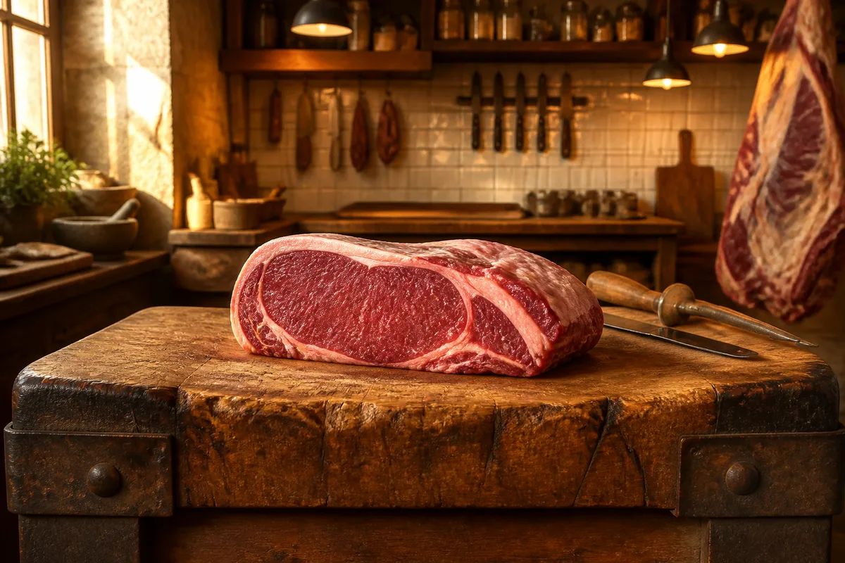 Coupe de faux-filet posee sur un billot de boucher, persille visible dans la chair