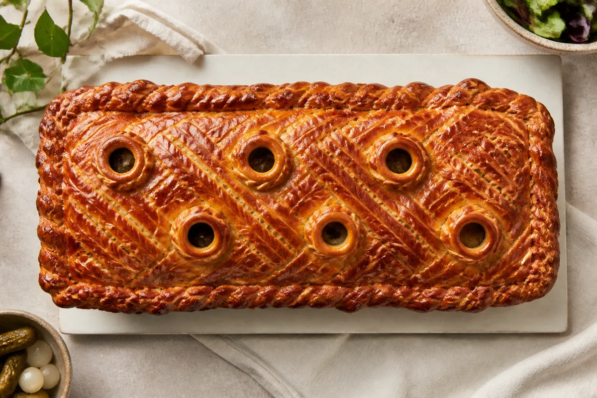 Pate en croute cuit, dore, avec cheminees ouvertes sur le dessus