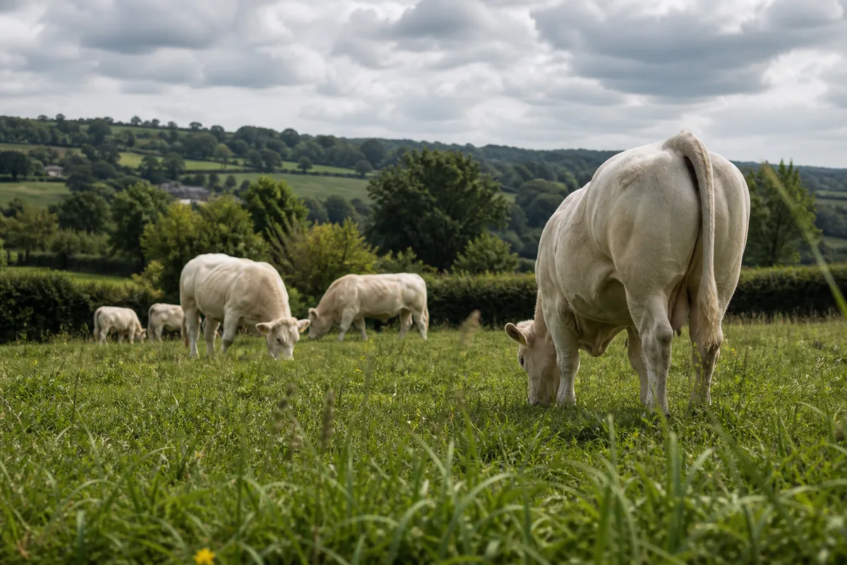 Vaches charolaises au paturage dans un bocage, robe blanche et croupe developpee
