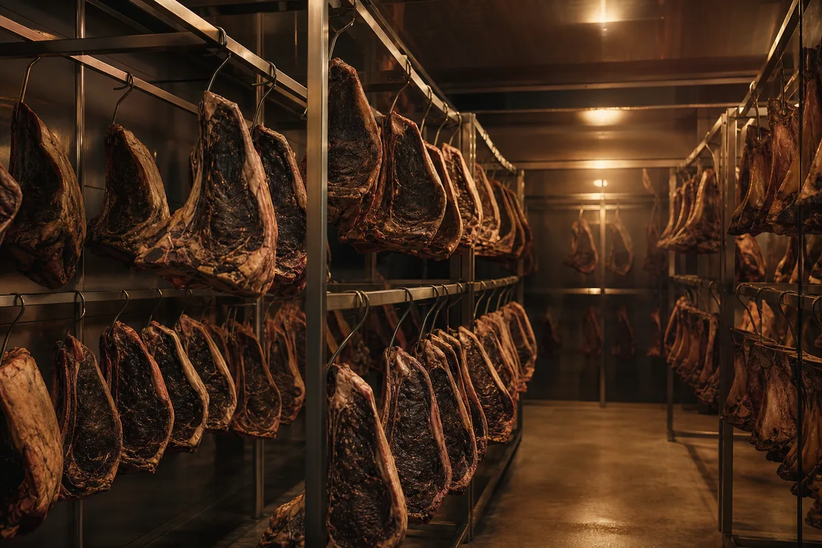 Cotes de boeuf suspendues dans une chambre de maturation, croute sombre en surface