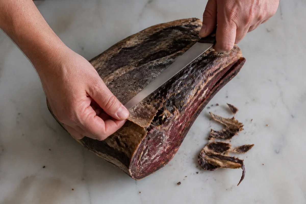 Boucher parant la croute exterieure d&rsquo;une piece maturee au couteau